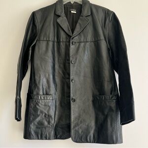 J. Crew Black Leather Car Coat Men's M Button-Up Collar Pockets Lightly Lined
